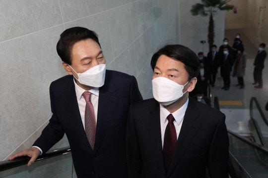 지난 3월3일 윤석열 국민의힘 대선후보와 안철수 국민의당 대선 후보가 야권후보 단일화 기자회견을 하기 위해 국회 소통관으로 이동하고 있다.<국회사진기자단·연합뉴스>